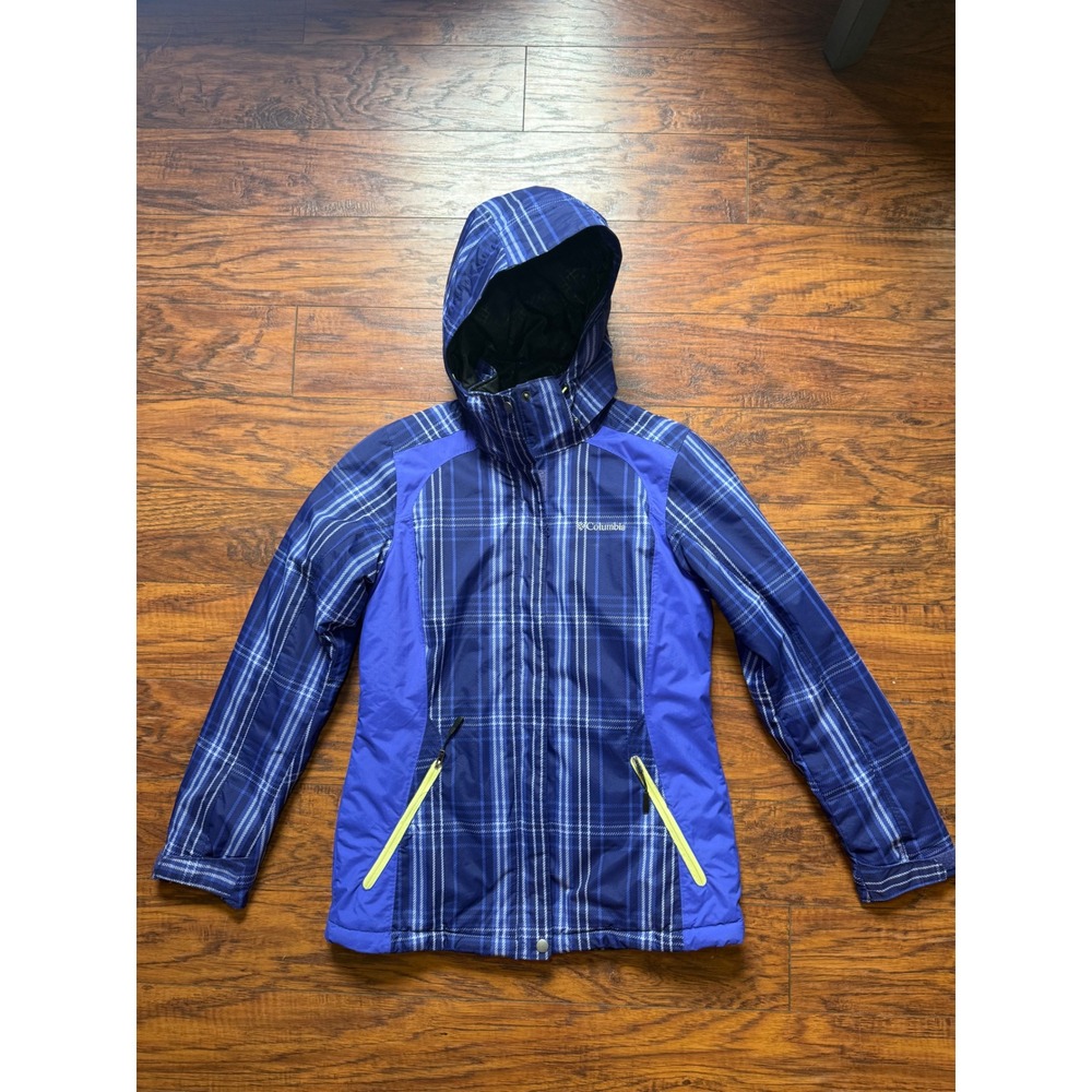 Columbia Womens Blue Plaid Omni-Heat Insulated Ski Jacket Detachable Hood Small